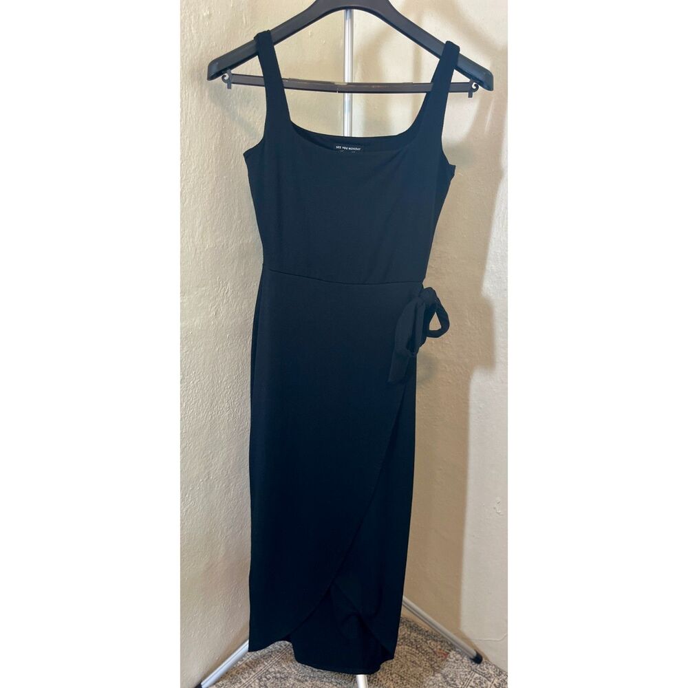 See You Monday Black Side-Tie Wrap Midi Dress - Size Large